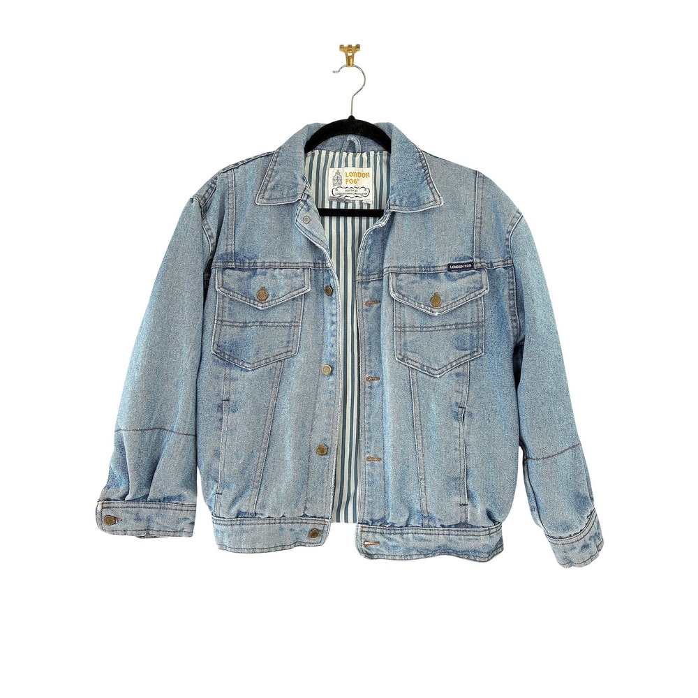 London Fog Vintage 90s Denim Jean Jacket Light Wash Striped Lining Womens Large
